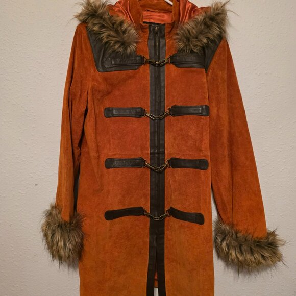 Vintage Burnt Orange Suede Leather w/ Fur Trim & Brass Hook Closures Boho Coat - Picture 1 of 5
